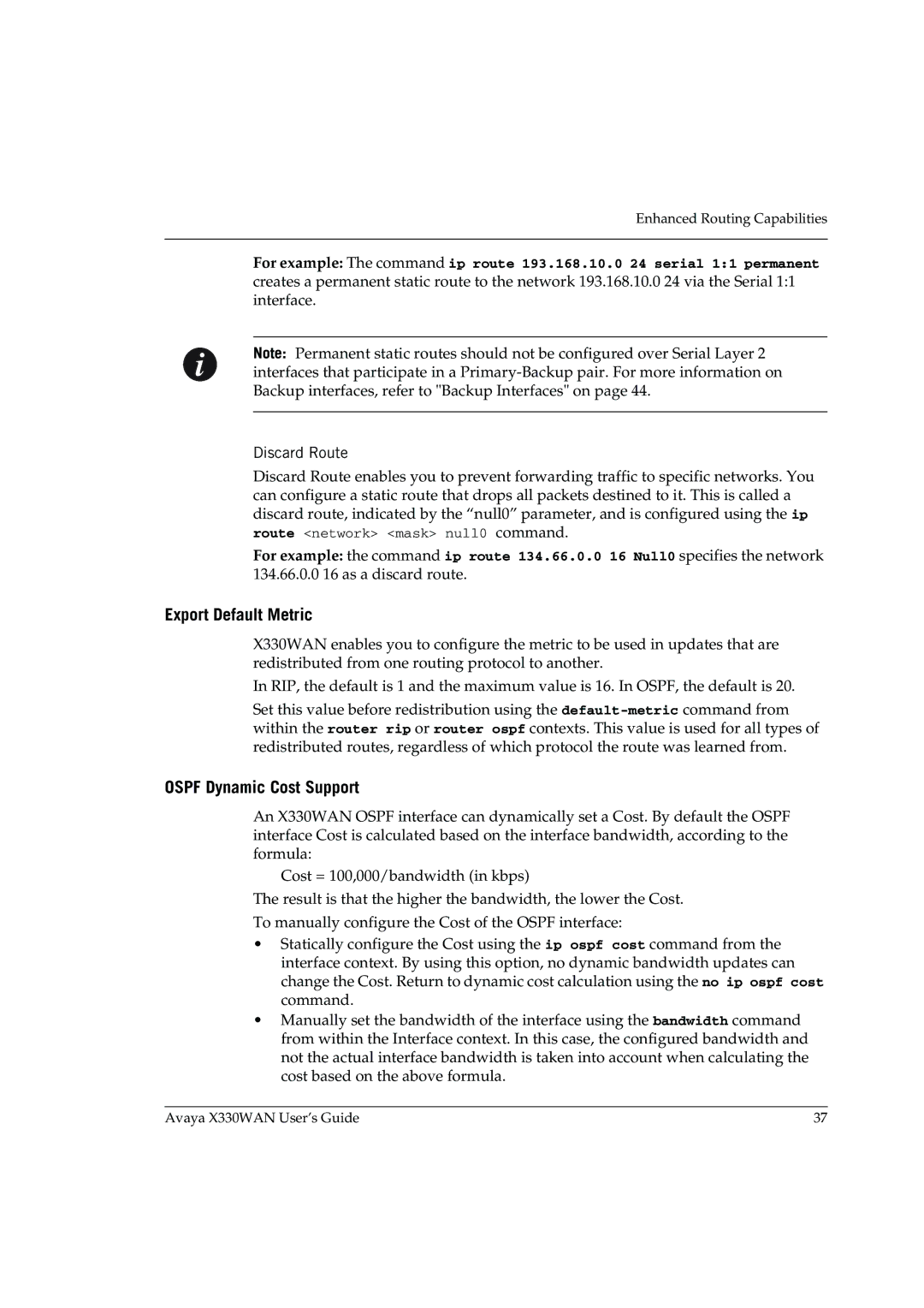 Avaya X330WAN manual Export Default Metric, Ospf Dynamic Cost Support 