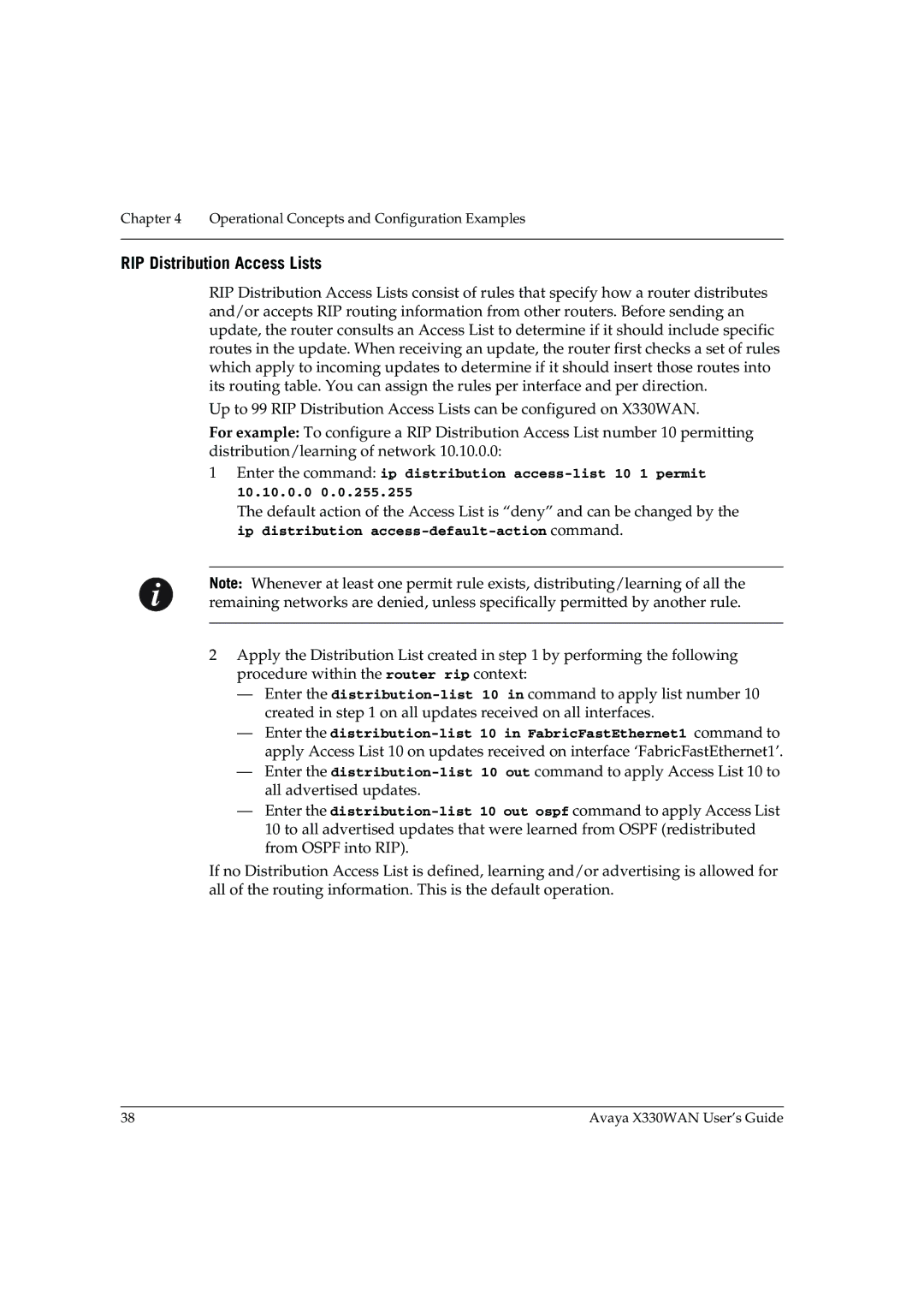 Avaya X330WAN manual RIP Distribution Access Lists 