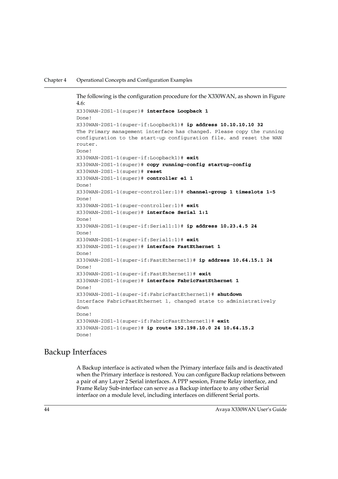 Avaya manual Backup Interfaces, X330WAN-2DS1-1super#copy running-config startup-config 