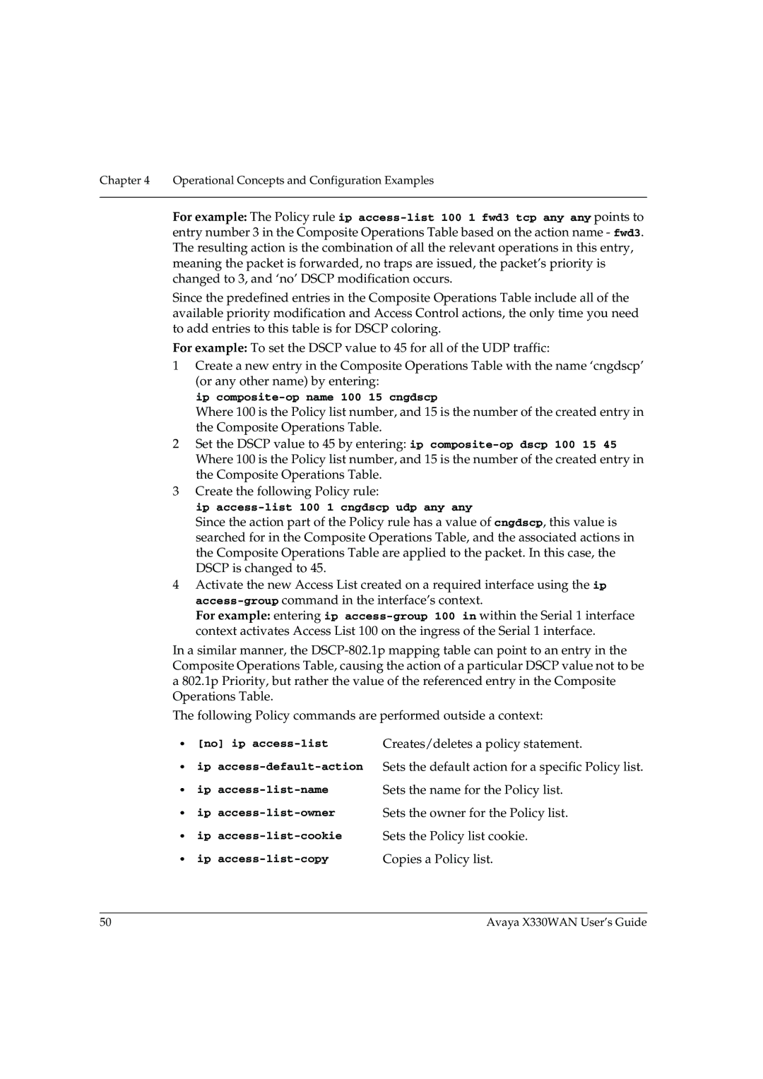 Avaya X330WAN Creates/deletes a policy statement, Sets the name for the Policy list, Sets the owner for the Policy list 