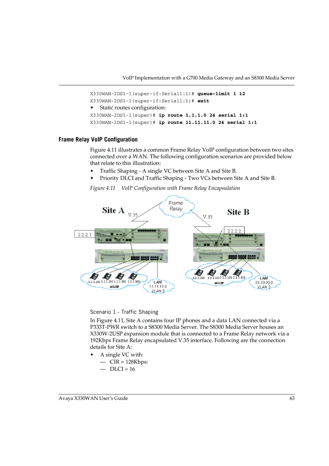 Avaya X330WAN manual Frame Relay VoIP Configuration, Scenario 1 Traffic Shaping 