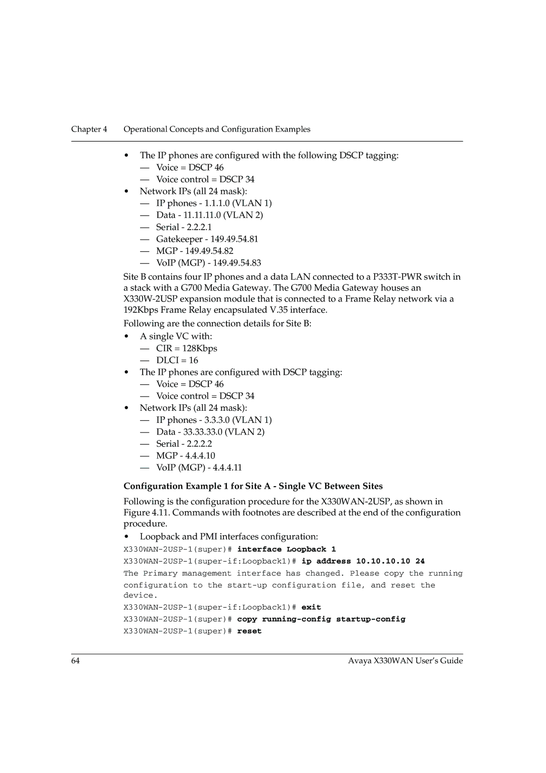 Avaya X330WAN manual Configuration Example 1 for Site a Single VC Between Sites 