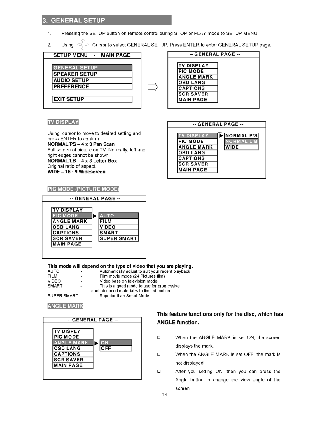 Avayon DXP-1000 manual General Setup, TV Display, PIC Mode Picture Mode, Angle Mark 