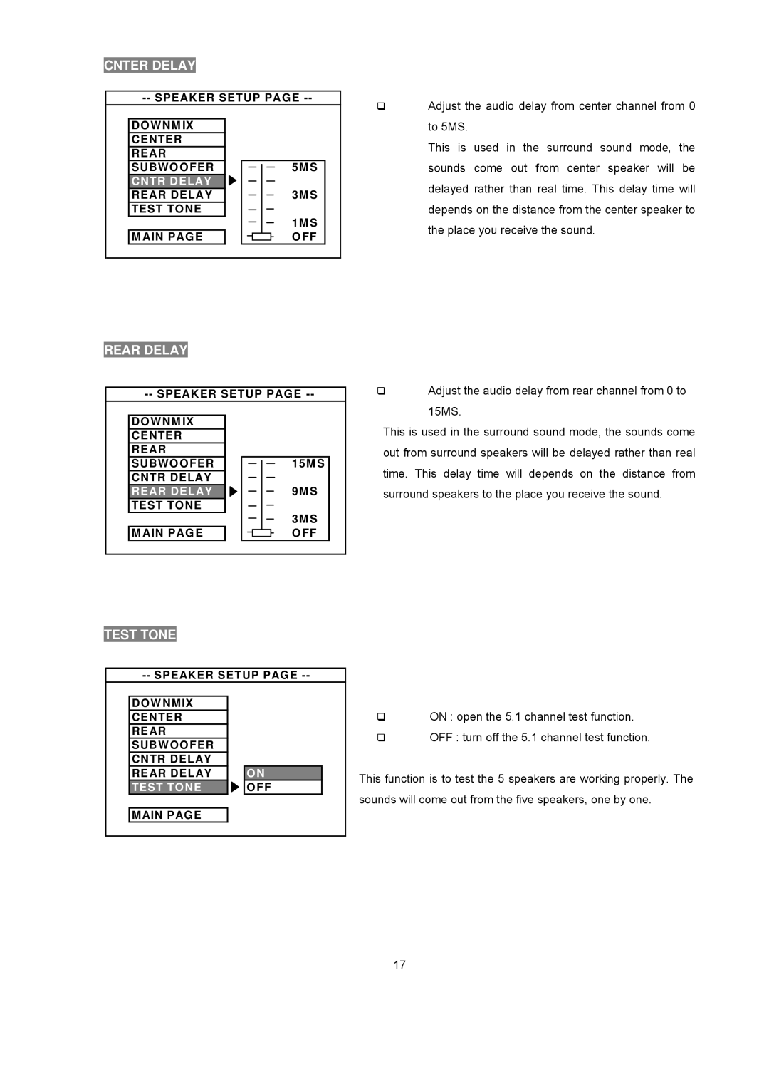 Avayon DXP-1000 manual Cnter Delay, Rear Delay, Test Tone 