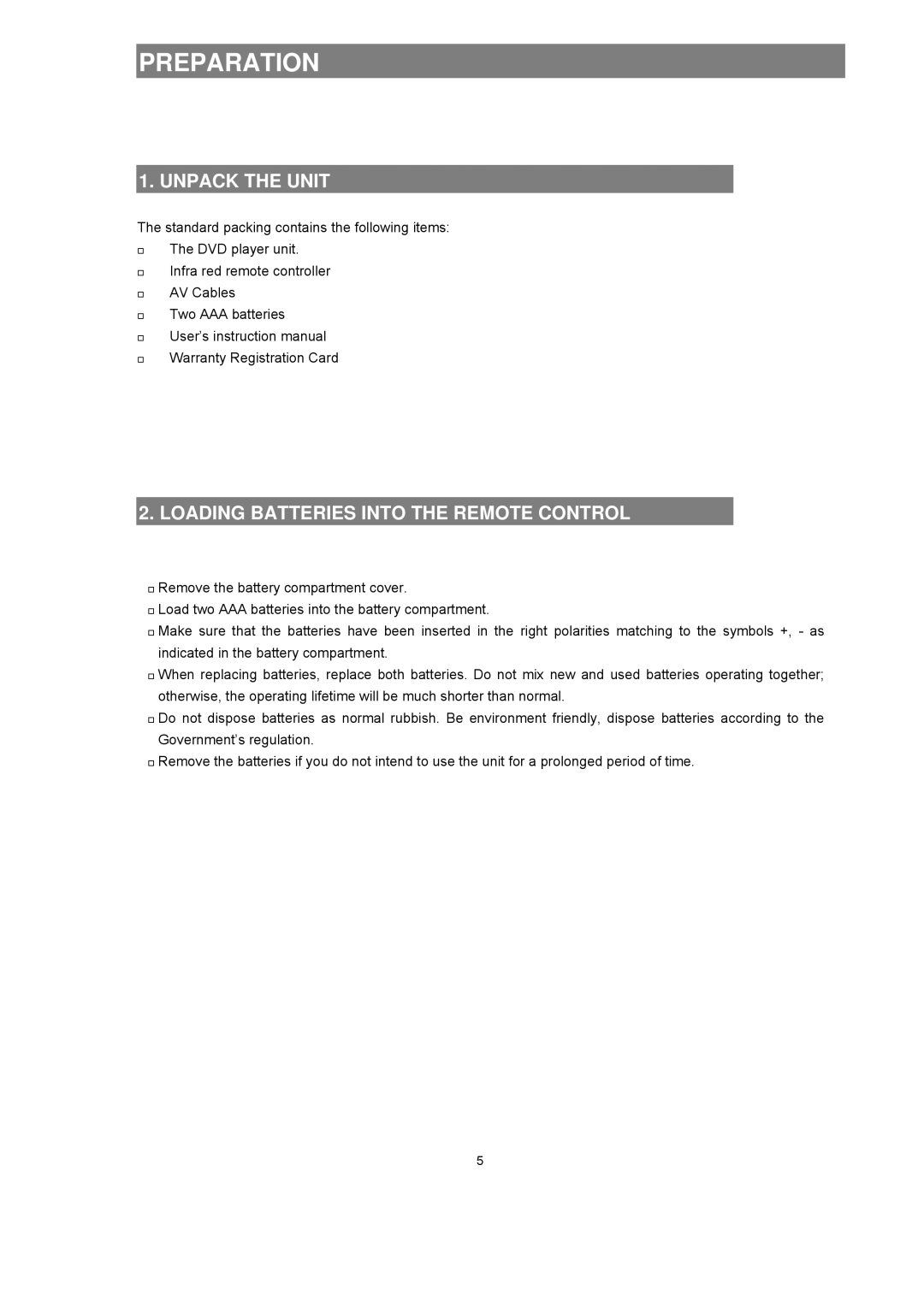 Avayon DXP-1000 manual Preparation, Unpack the Unit, Loading Batteries Into the Remote Control 