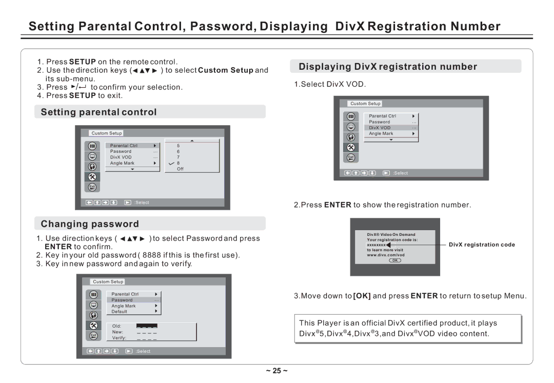 Avayon DXP-10P II manual Setting parental control, Changing password, Displaying DivX registration number 