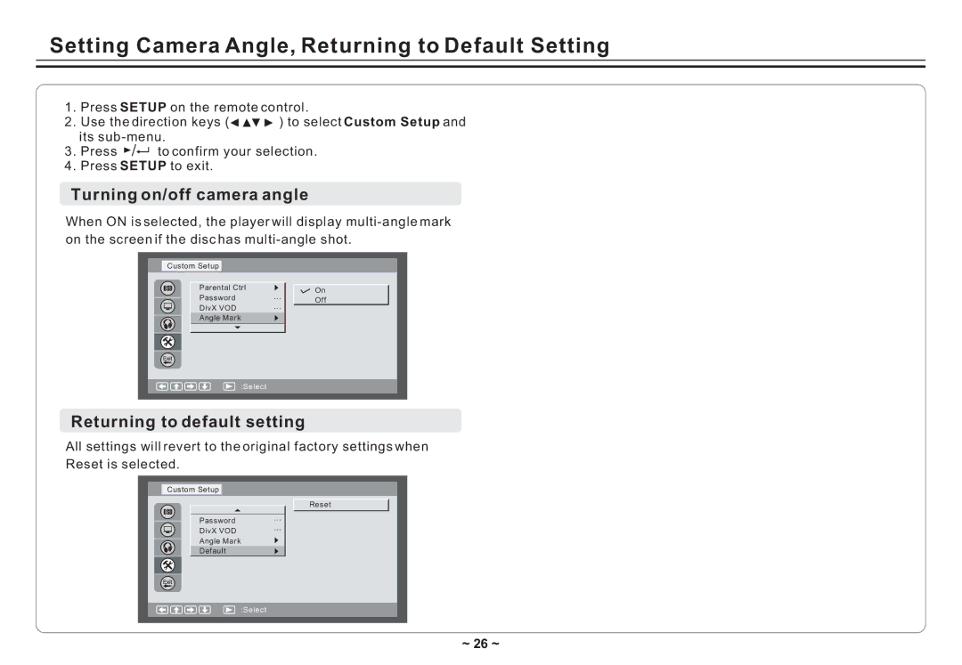 Avayon DXP-10P II manual Setting Camera Angle, Returning to Default Setting, Turning on/off camera angle 