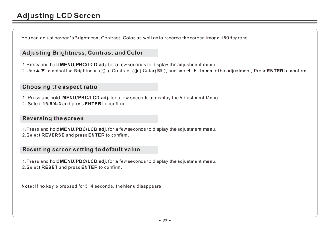 Avayon DXP-10P II manual Adjusting LCD Screen, Adjusting Brightness, Contrast and Color, Choosing the aspect ratio 