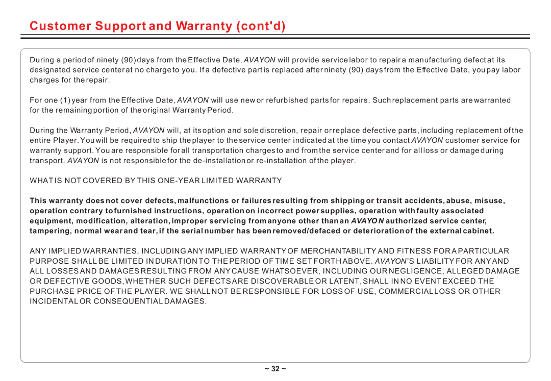 Avayon DXP-10P II manual Customer Support and Warranty contd 