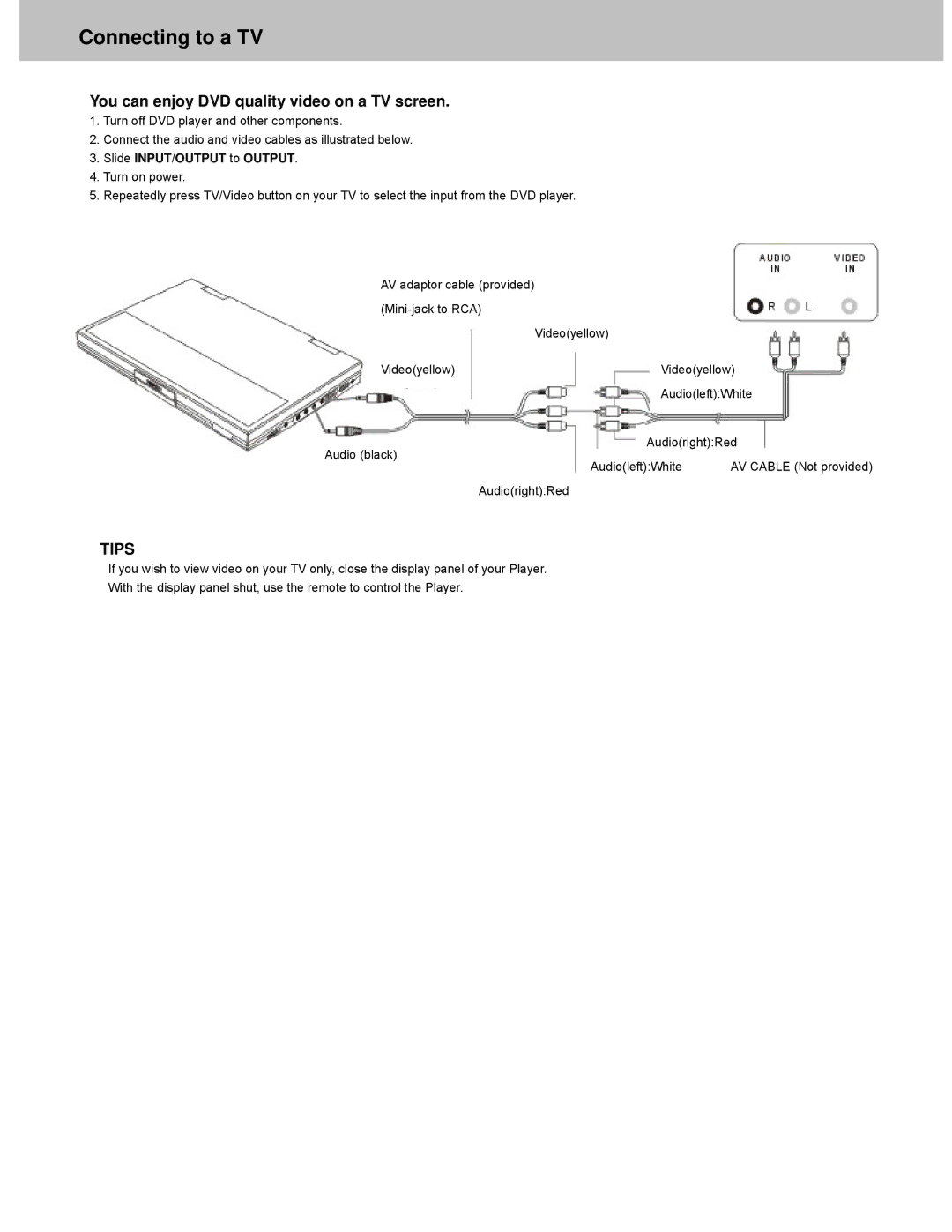 Avayon DXP-10P manual Connecting to a TV, You can enjoy DVD quality video on a TV screen, Slide INPUT/OUTPUT to Output 