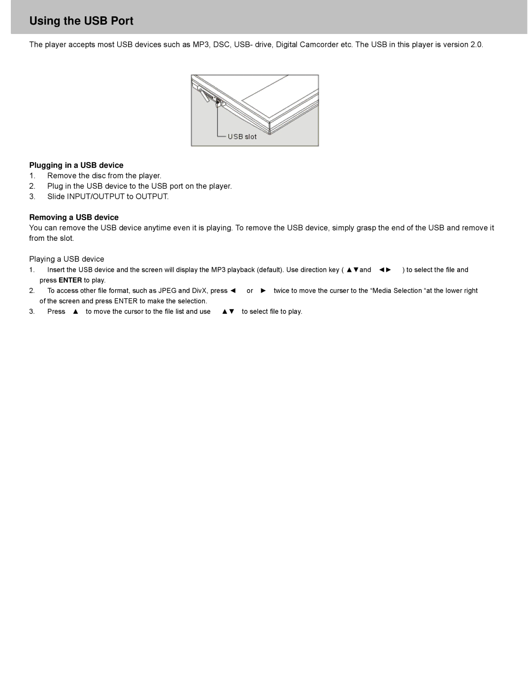 Avayon DXP-10P manual Using the USB Port, Plugging in a USB device, Removing a USB device 