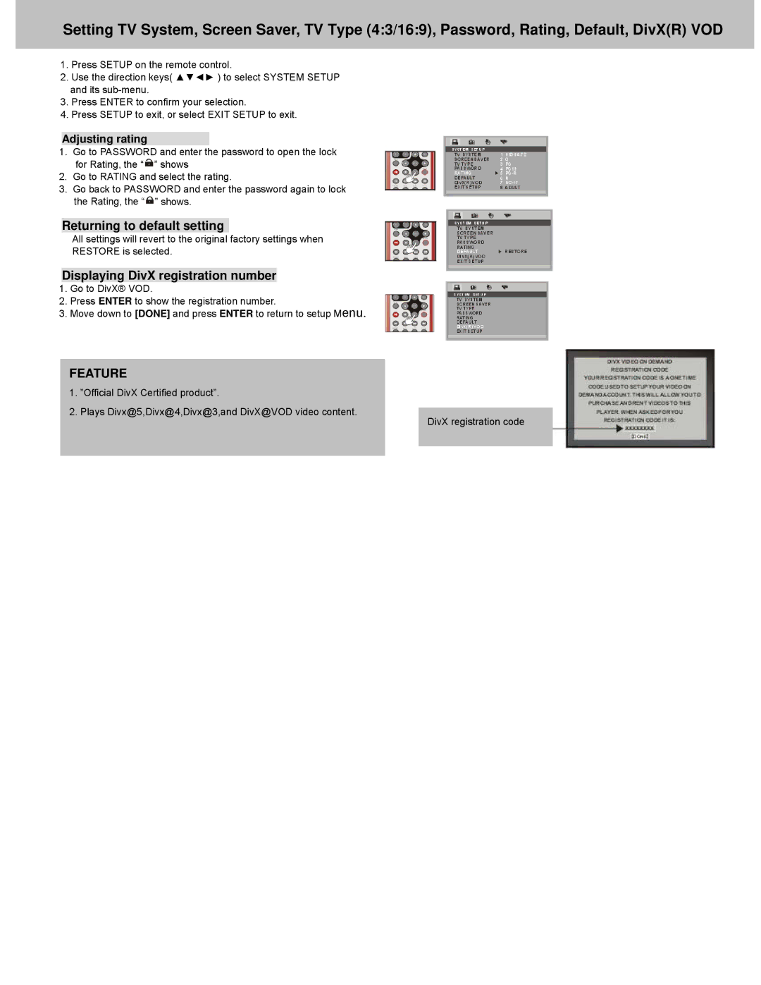 Avayon DXP-10P manual Returning to default setting, Displaying DivX registration number, Adjusting rating 