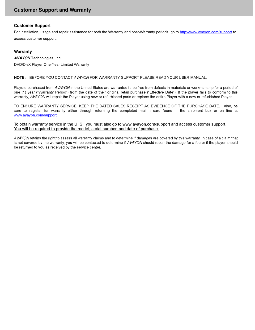 Avayon DXP-10P manual Customer Support and Warranty, Customer Support Warranty 
