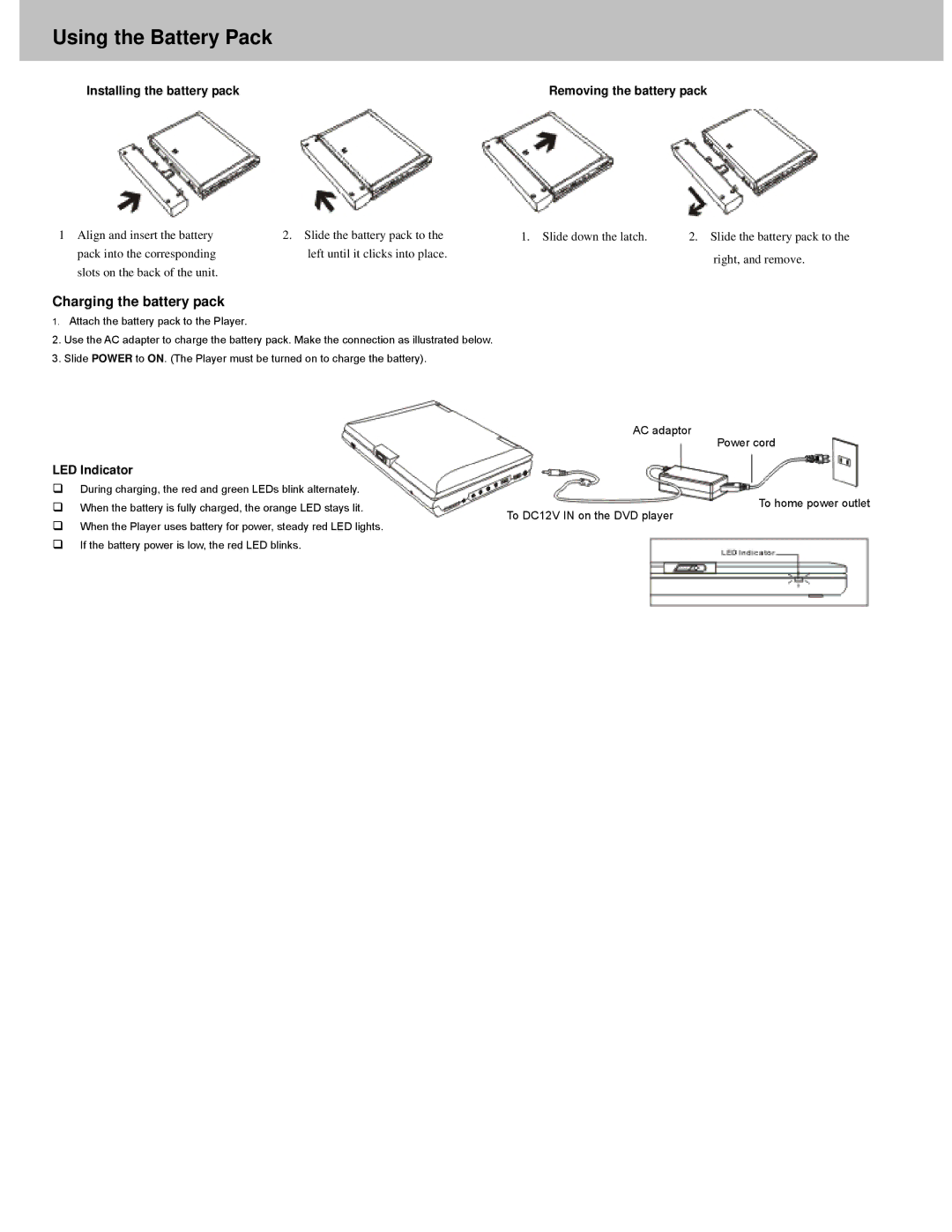 Avayon DXP-7P Using the Battery Pack, Charging the battery pack, Installing the battery pack Removing the battery pack 