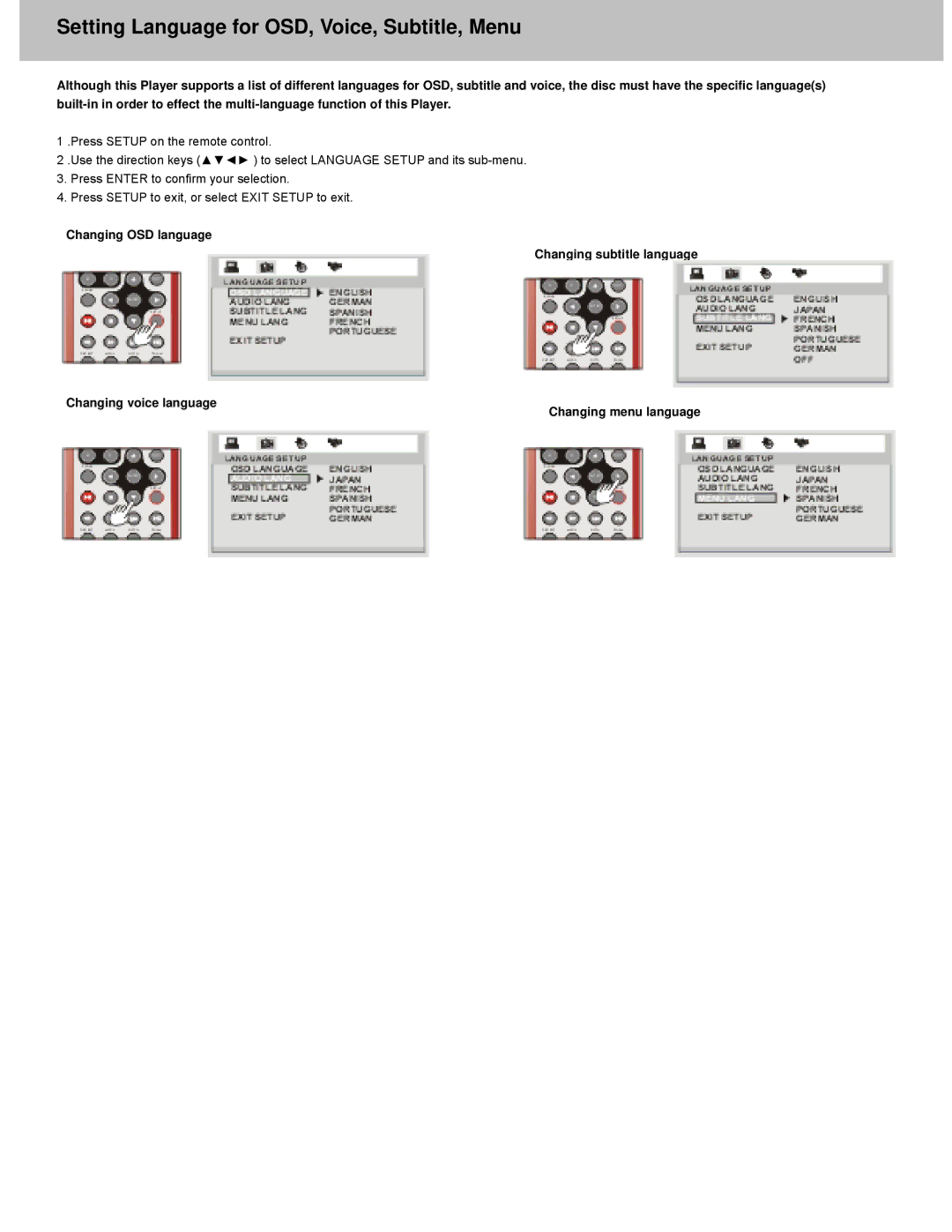 Avayon DXP-7P manual Setting Language for OSD, Voice, Subtitle, Menu 