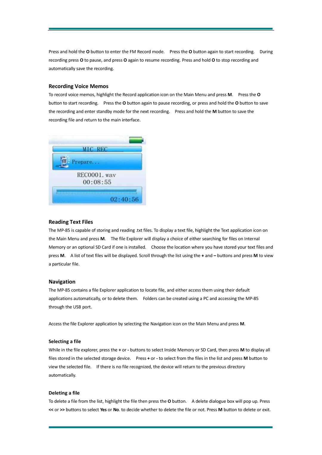 Avayon MP-85 manual Recording Voice Memos, Reading Text Files, Navigation, Selecting a file, Deleting a file 