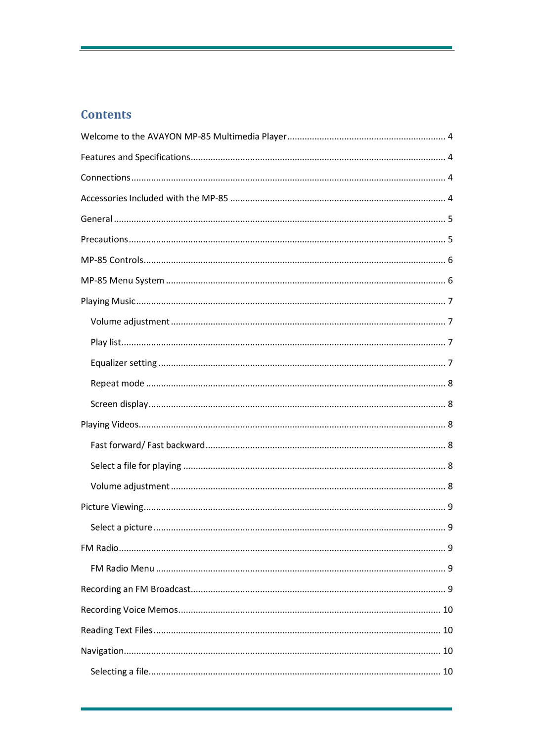 Avayon MP-85 manual Contents 