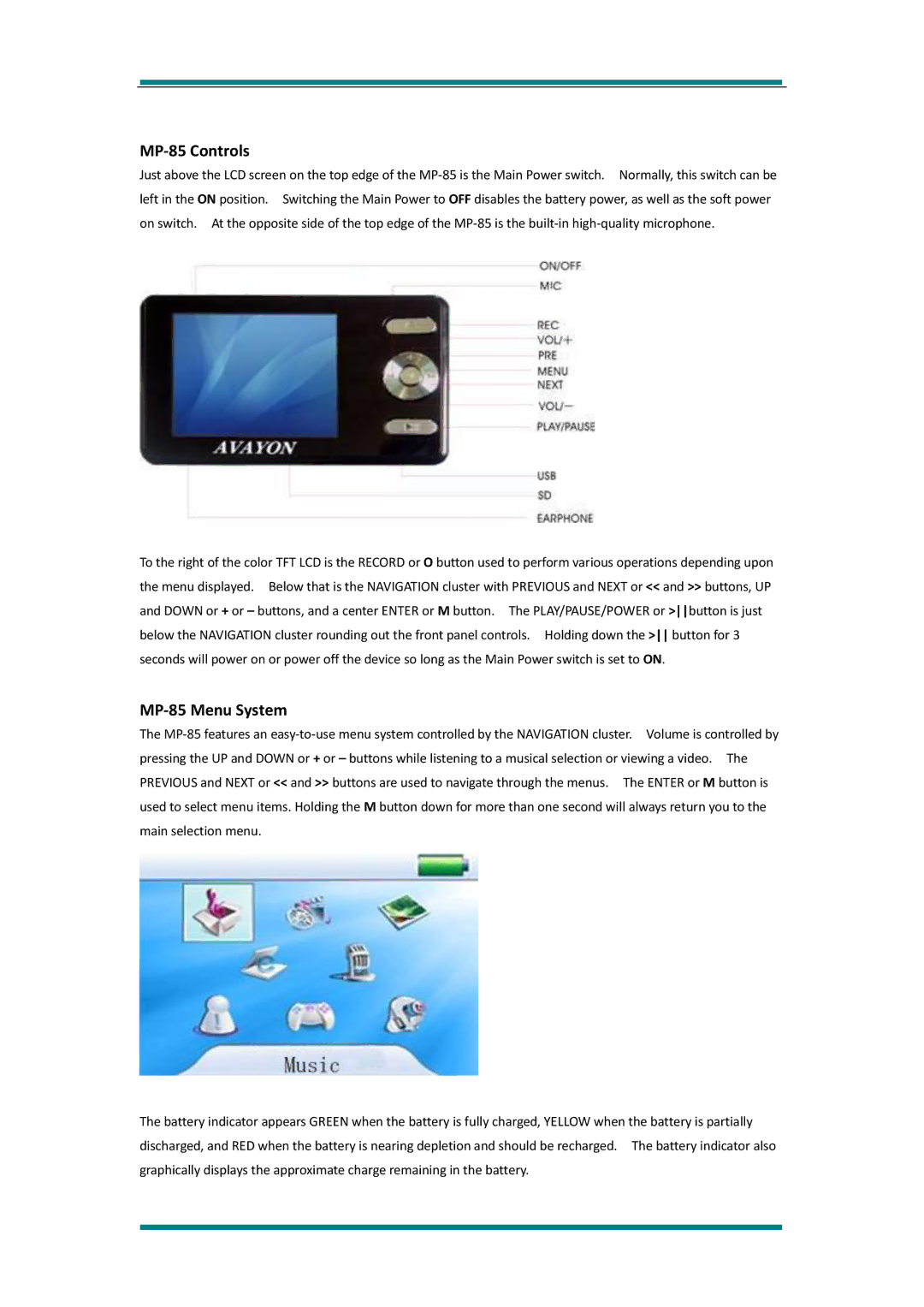 Avayon manual MP-85 Controls, MP-85 Menu System 