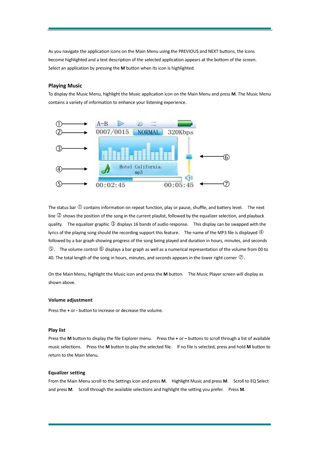 Avayon MP-85 manual Playing Music, Volume adjustment, Play list, Equalizer setting 