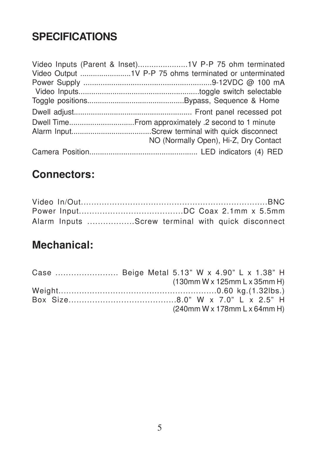 AVE 4PSWT operation manual Specifications, Connectors 