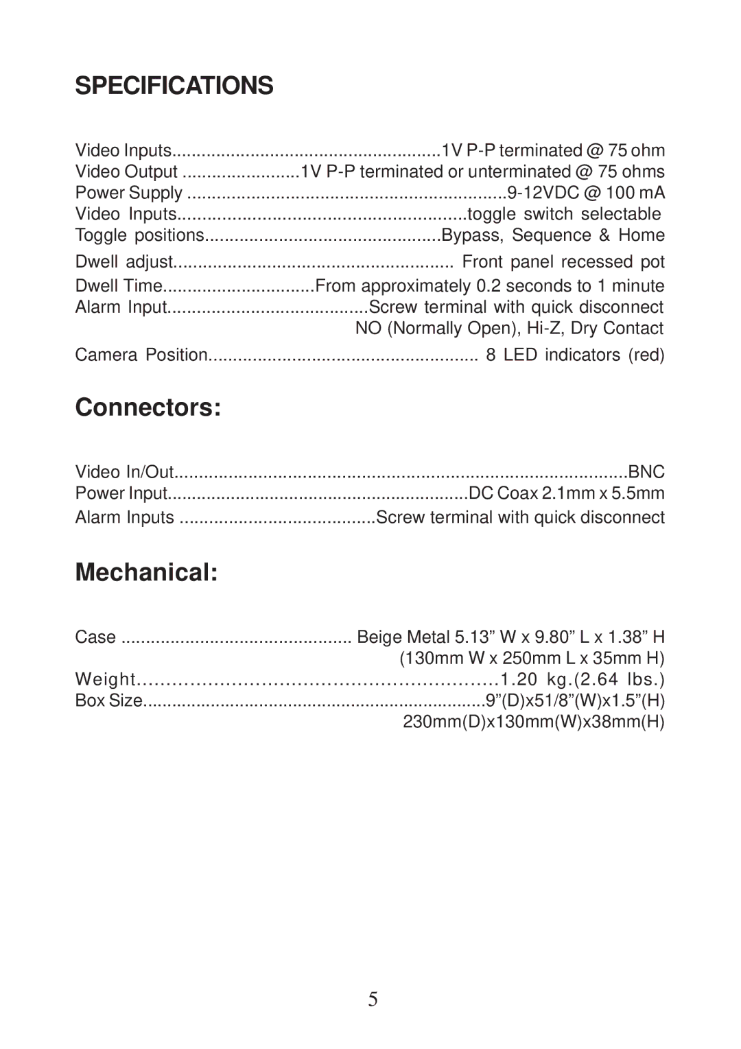 AVE 8PSWT operation manual Specifications, Connectors 