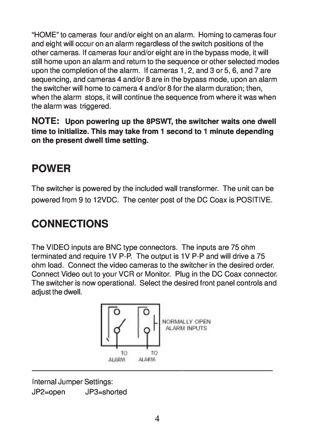 AVE operation manual Power, Connections, NOTE Upon powering up the 8PSWT, the switcher waits one dwell 
