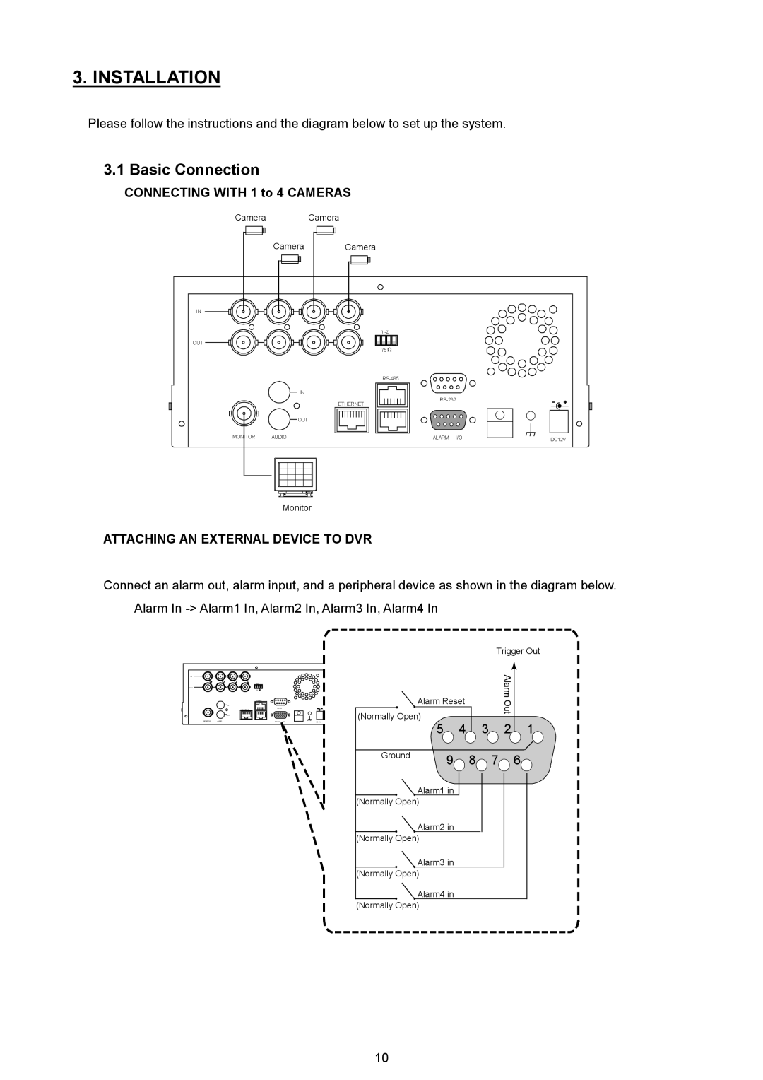 AVE MV DR4000 manual Basic Connection, Connecting with 1 to 4 Cameras, Attaching AN External Device to DVR 