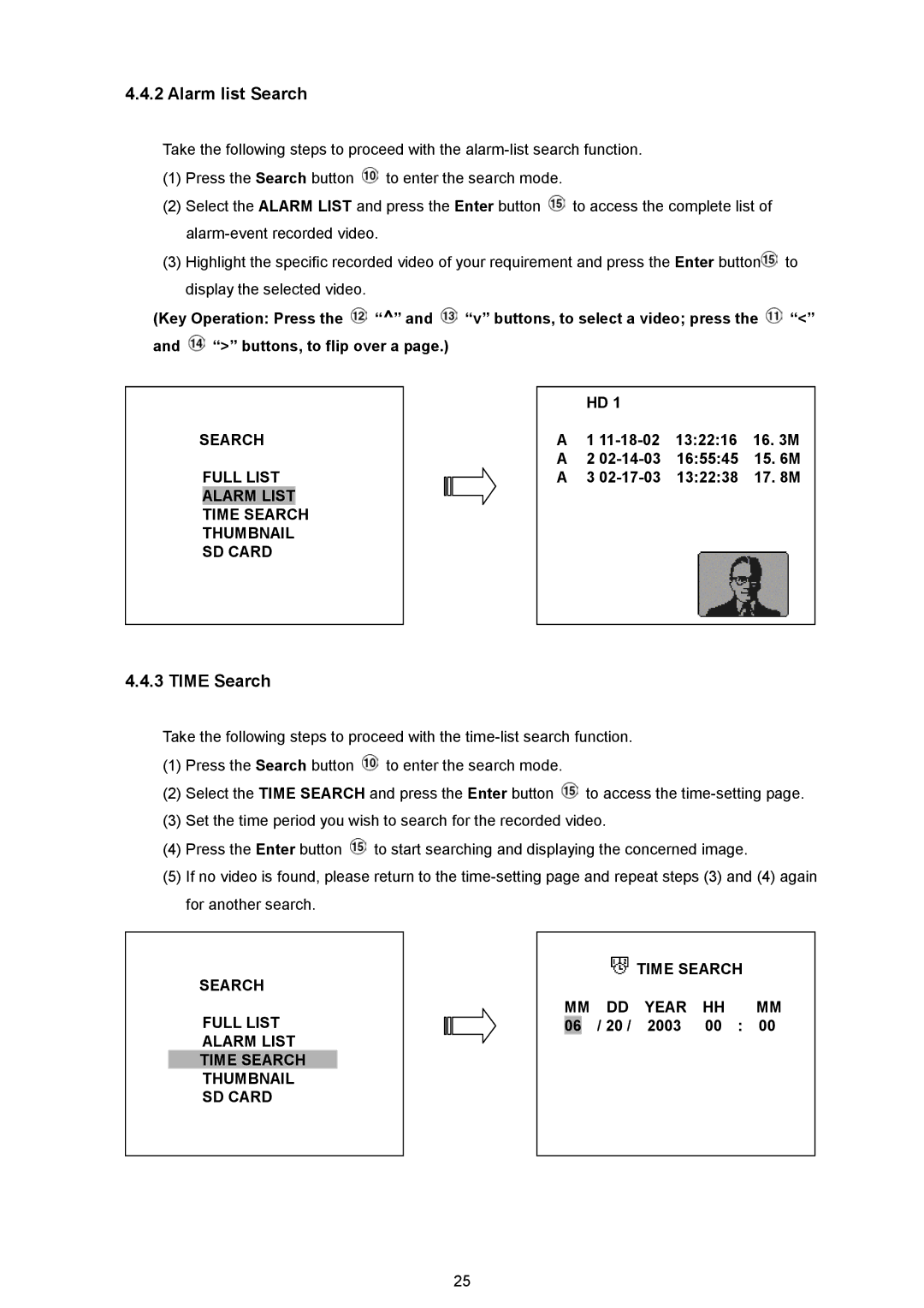 AVE MV DR4000 manual Alarm list Search, Time Search 