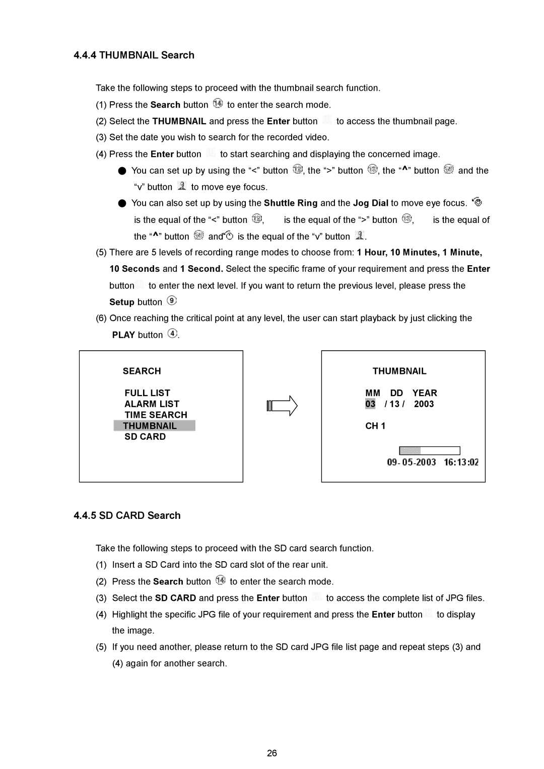 AVE MV DR4000 manual Thumbnail Search, SD Card Search, MM DD Year 03 / 13 