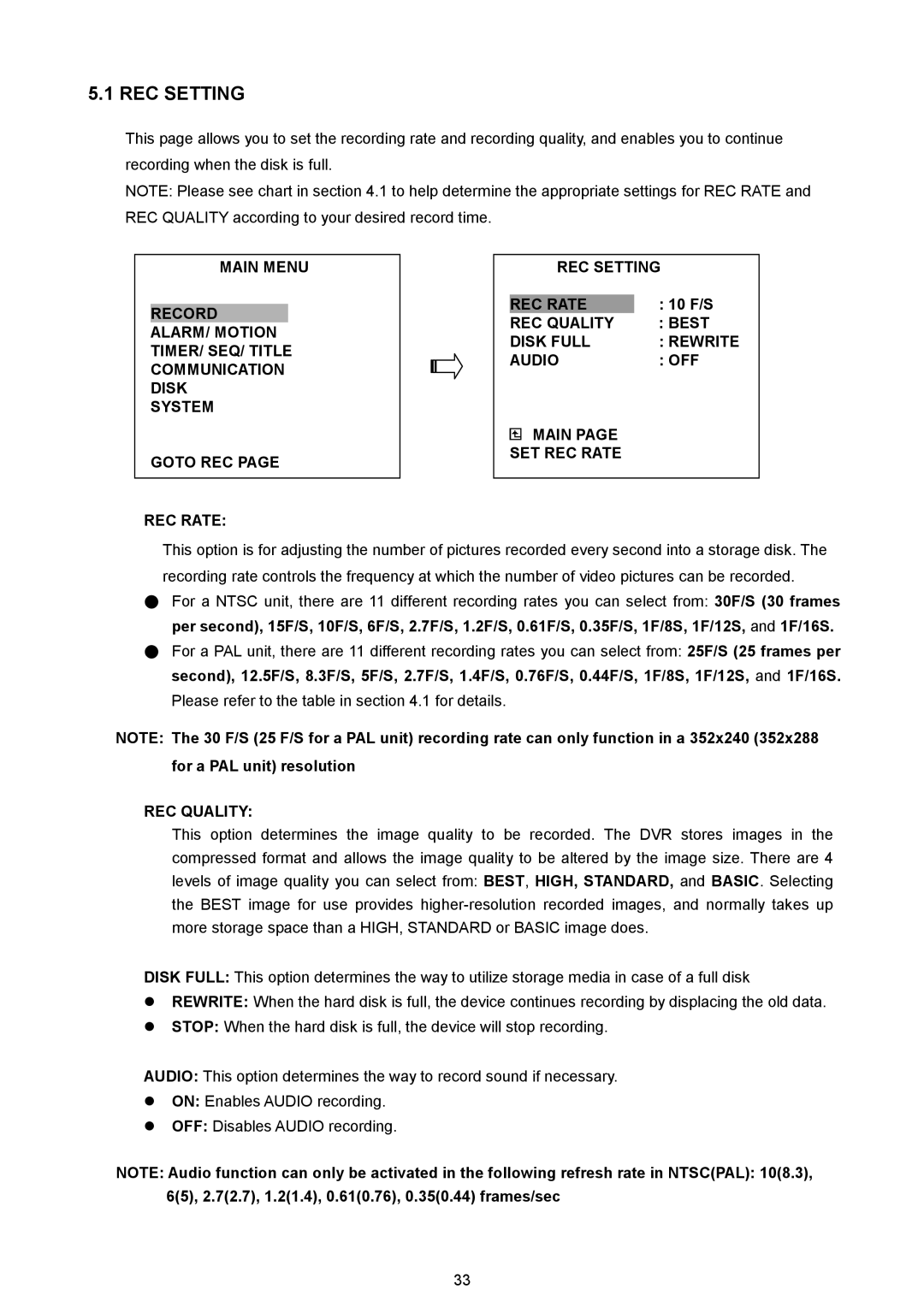 AVE MV DR4000 manual REC Setting, REC Quality 