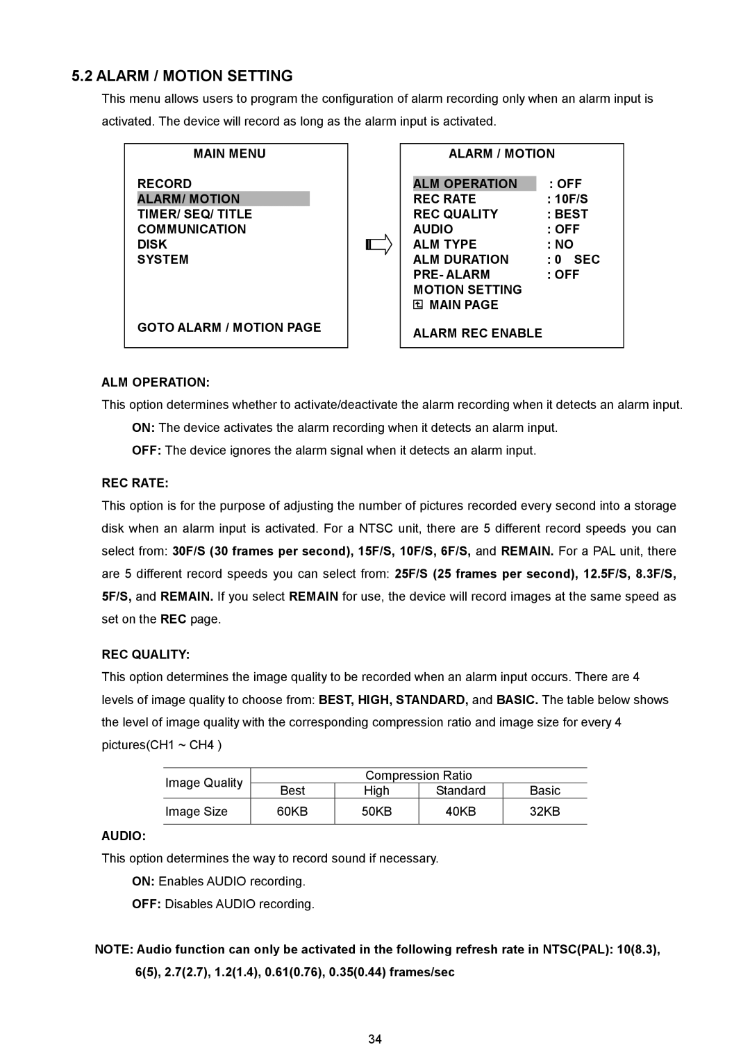 AVE MV DR4000 manual Alarm / Motion Setting 