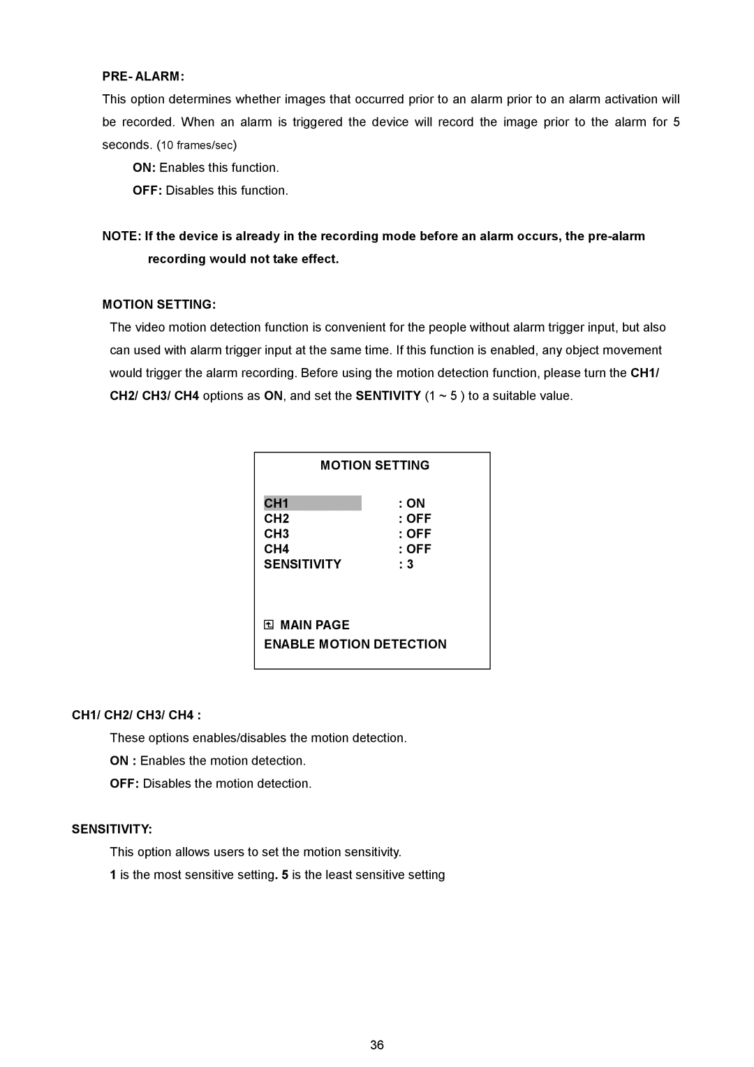 AVE MV DR4000 manual PRE- Alarm, CH1/ CH2/ CH3/ CH4 