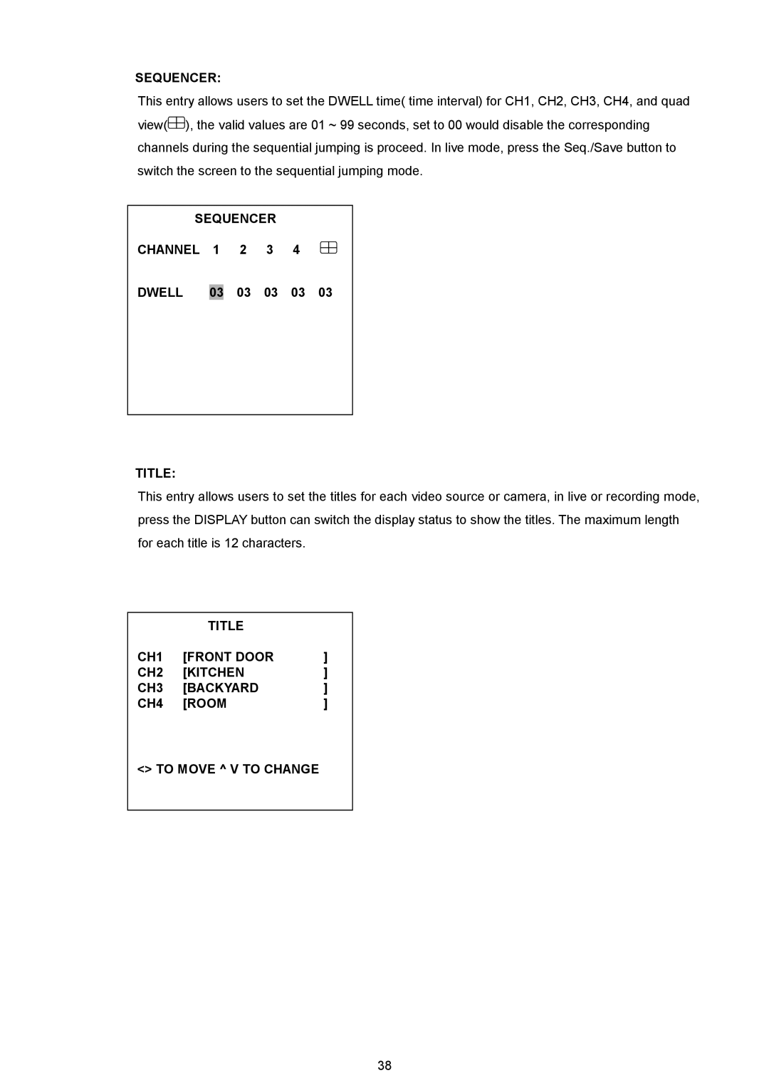 AVE MV DR4000 manual Channel 1 2 3 Dwell 03 03 03 03, Title 