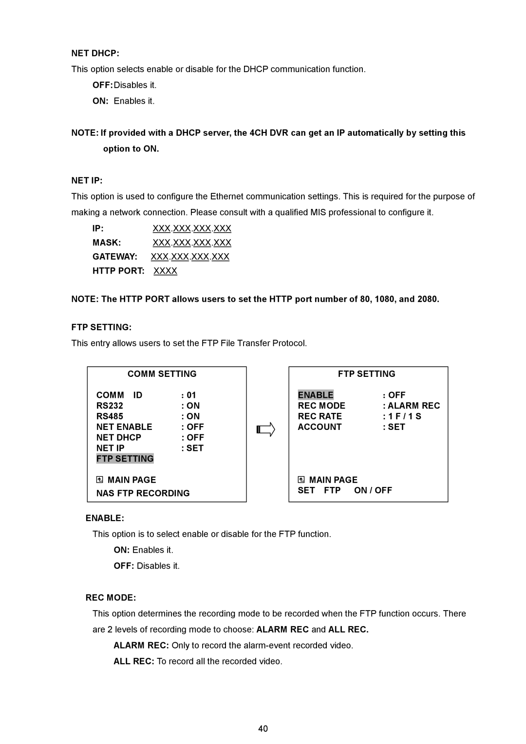 AVE MV DR4000 manual Http Port FTP Setting, Comm Setting Comm ID, 1 S, Account SET Main SET FTP on / OFF 