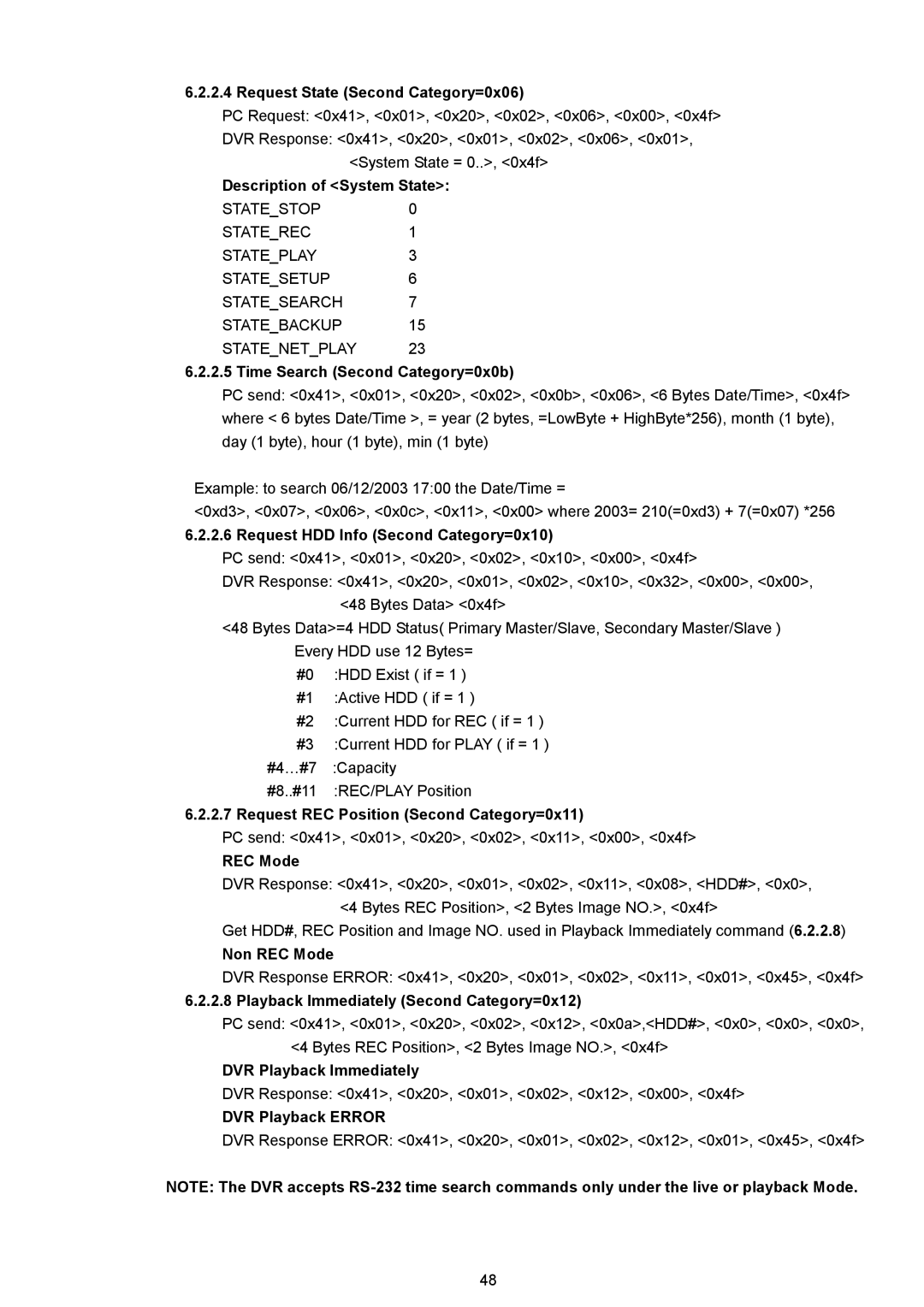 AVE MV DR4000 Request State Second Category=0x06, Description of System State, Time Search Second Category=0x0b, REC Mode 