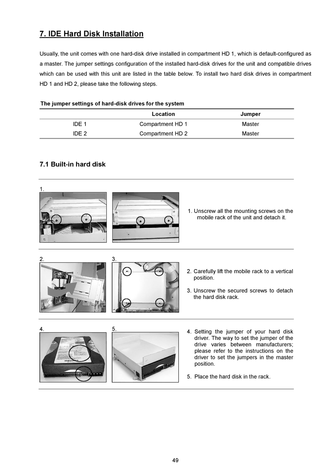 AVE MV DR4000 manual Built-in hard disk, Jumper settings of hard-disk drives for the system Location 