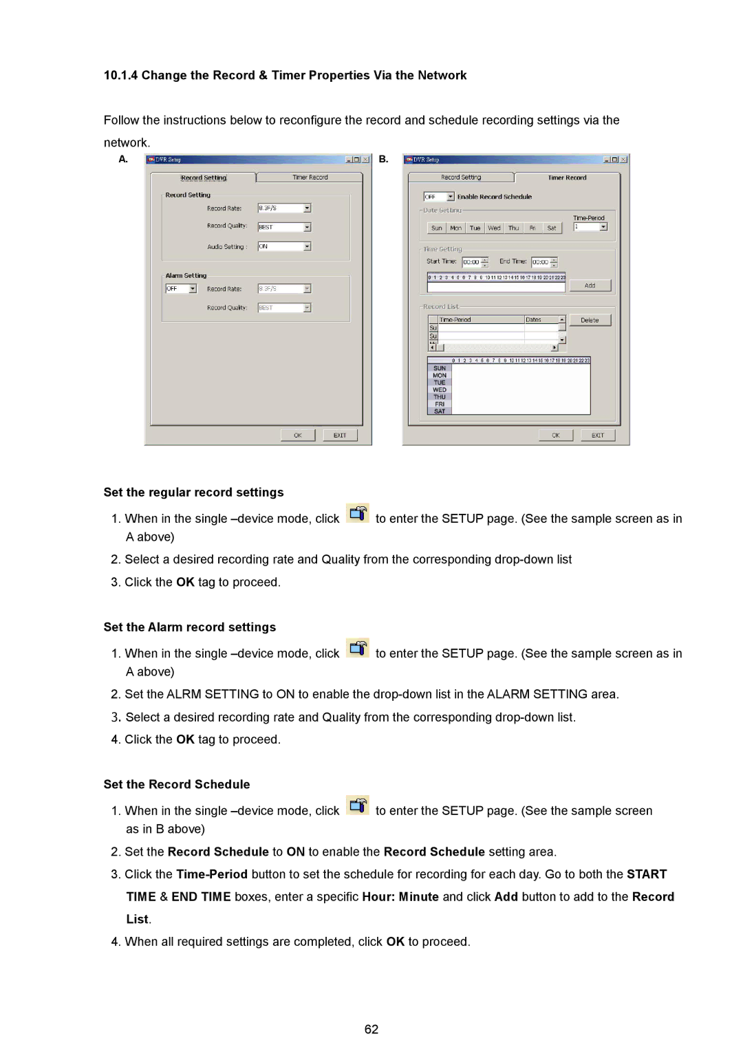 AVE MV DR4000 manual Change the Record & Timer Properties Via the Network, Set the regular record settings 