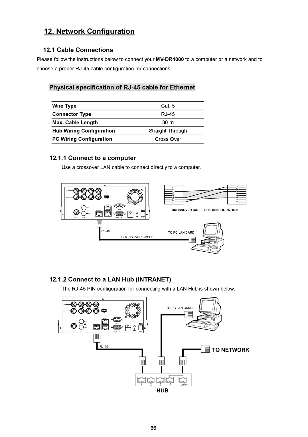 AVE MV DR4000 manual Cable Connections, Physical specification of RJ-45 cable for Ethernet, Connect to a computer 