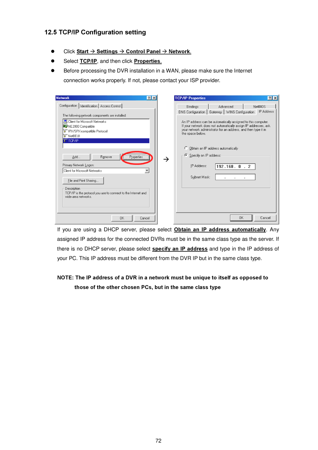 AVE MV DR4000 manual 12.5 TCP/IP Configuration setting, Click Start Settings Control Panel Network 