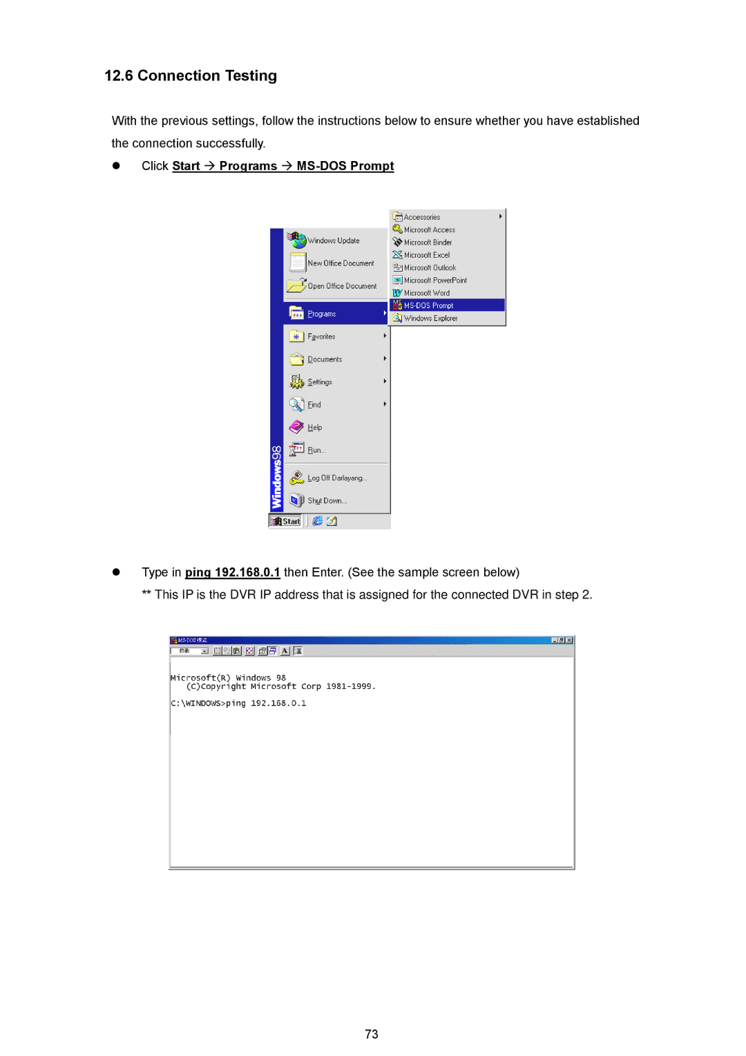 AVE MV DR4000 manual Connection Testing, Click Start Programs 