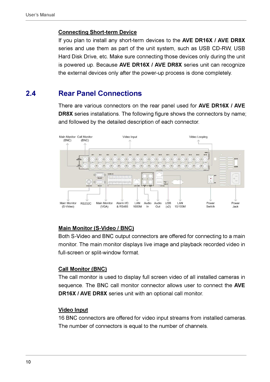 AVE MV DR16X, MV DR8X Rear Panel Connections, Connecting Short-term Device, Main Monitor S-Video / BNC, Call Monitor BNC 