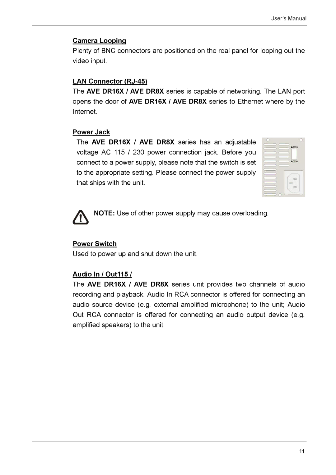 AVE MV DR8X, AVE DR16X, AVE DR8X, MV DR16X Camera Looping, LAN Connector RJ-45, Power Jack, Power Switch, Audio In / Out115 