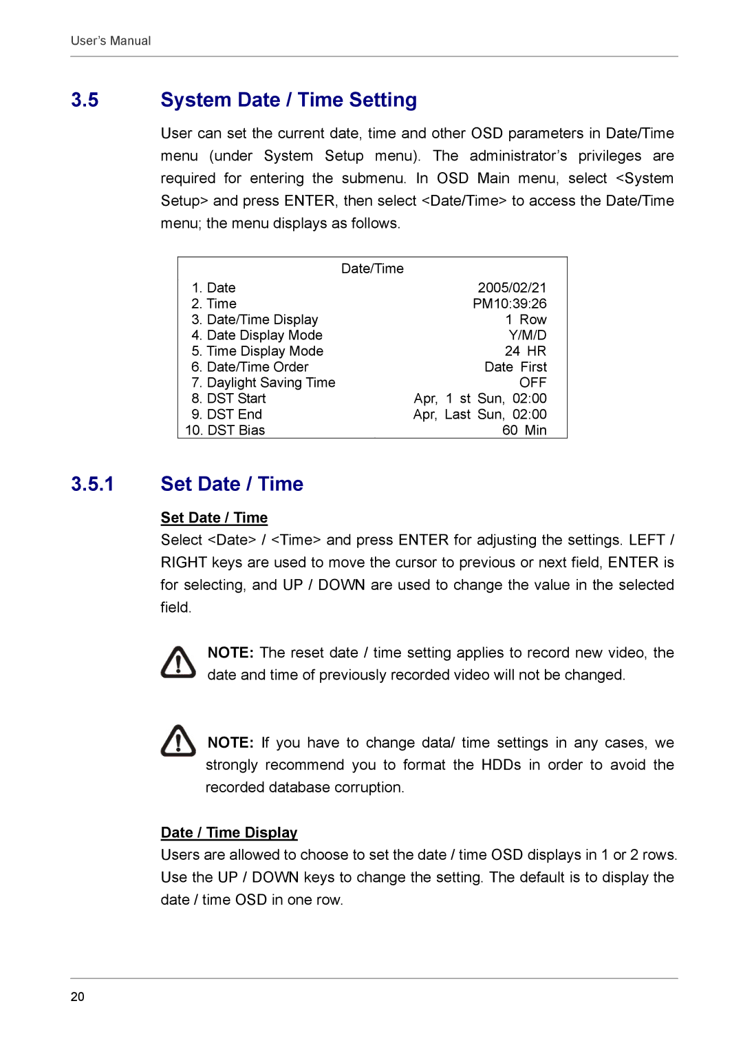 AVE AVE DR16X, MV DR8X, AVE DR8X, MV DR16X user manual System Date / Time Setting, Set Date / Time, Date / Time Display 