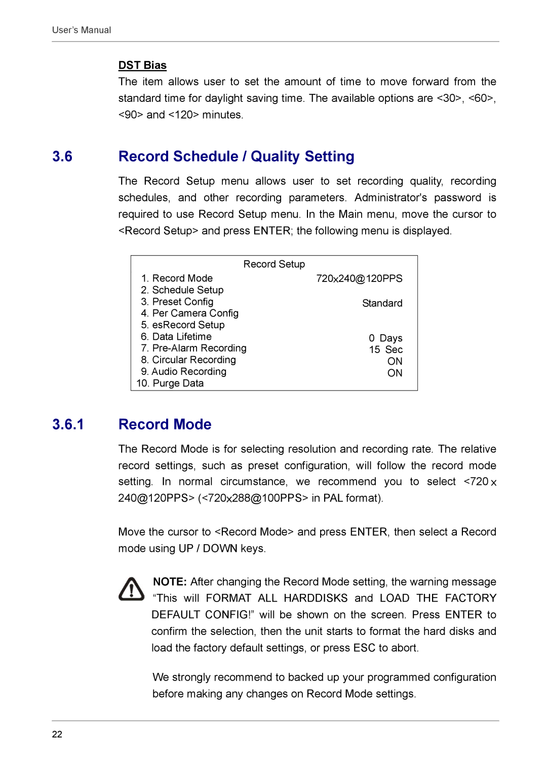 AVE MV DR16X, MV DR8X, AVE DR16X, AVE DR8X user manual Record Schedule / Quality Setting, Record Mode, DST Bias 