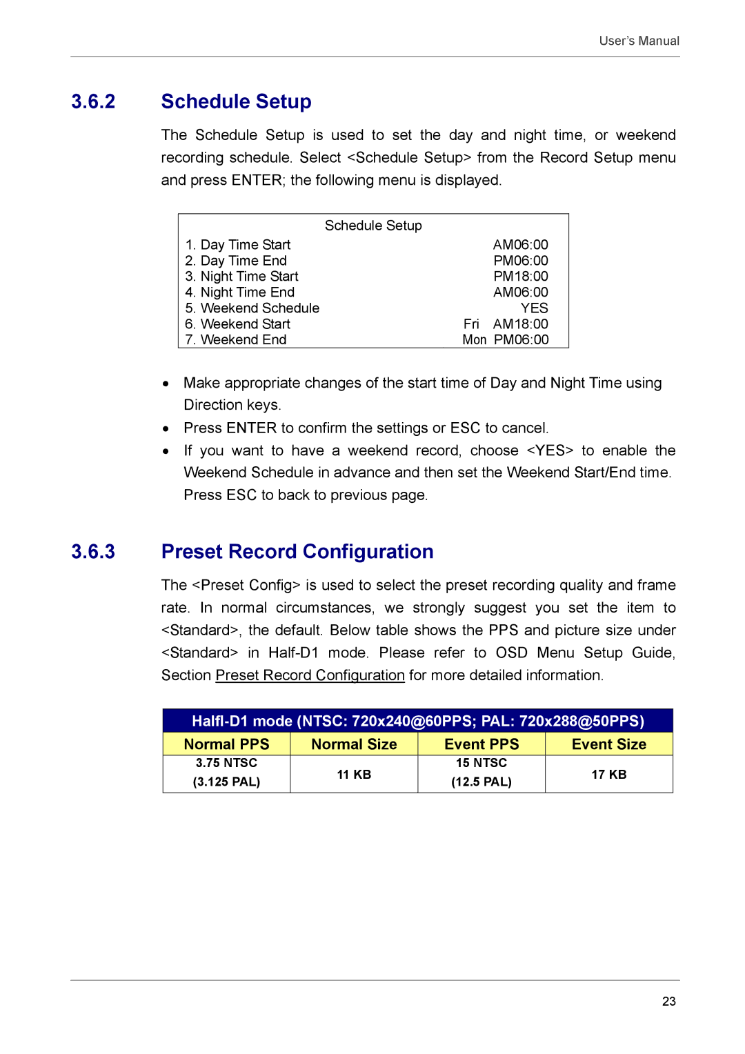 AVE MV DR8X, AVE DR16X, AVE DR8X Schedule Setup, Preset Record Configuration, Normal PPS Normal Size Event PPS Event Size 