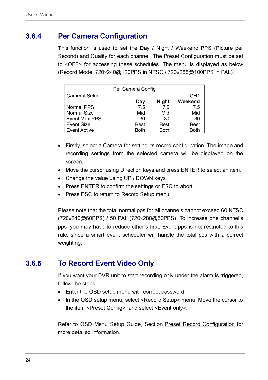 AVE AVE DR16X, MV DR8X, AVE DR8X, MV DR16X user manual Per Camera Configuration, To Record Event Video Only 