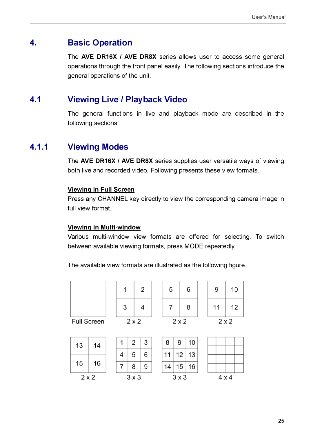 AVE AVE DR8X, MV DR8X, AVE DR16X Basic Operation, Viewing Live / Playback Video, Viewing Modes, Viewing in Full Screen 