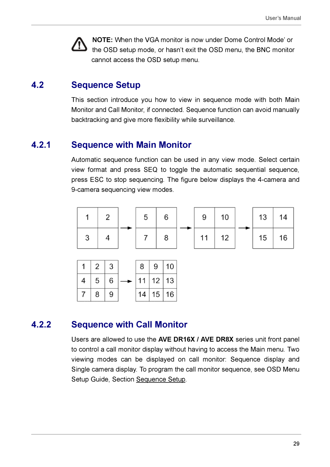 AVE AVE DR8X, MV DR8X, AVE DR16X, MV DR16X user manual Sequence Setup, Sequence with Main Monitor, Sequence with Call Monitor 