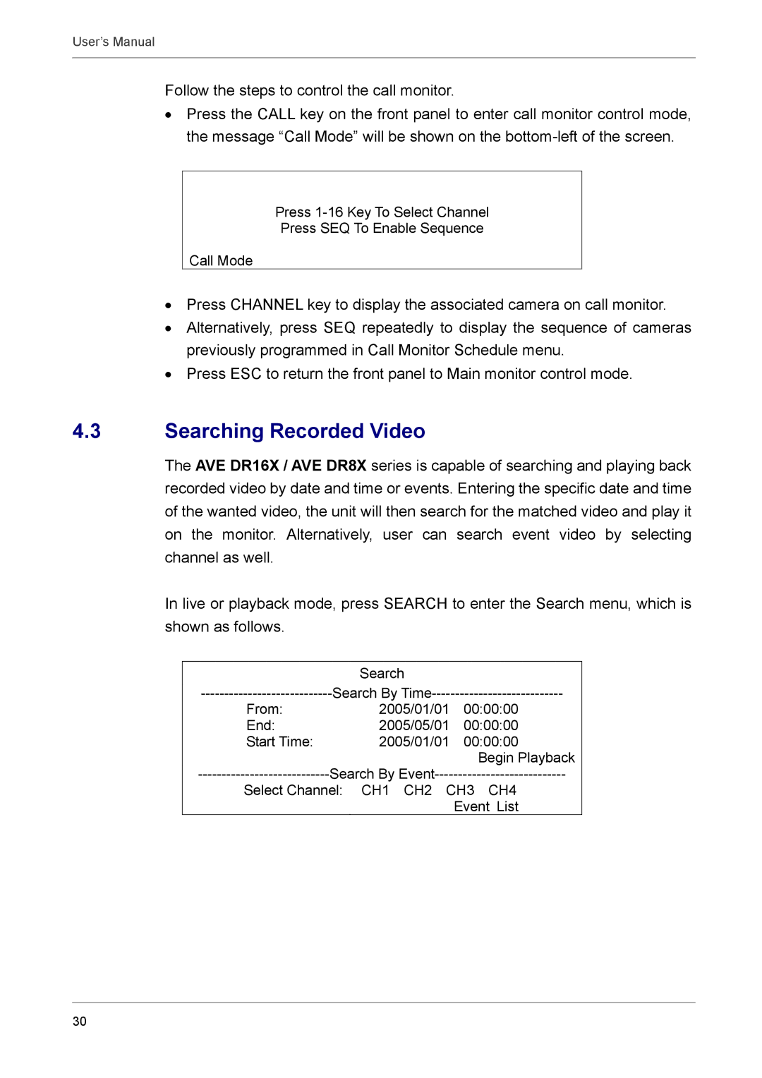 AVE MV DR16X, MV DR8X, AVE DR16X, AVE DR8X user manual Searching Recorded Video 