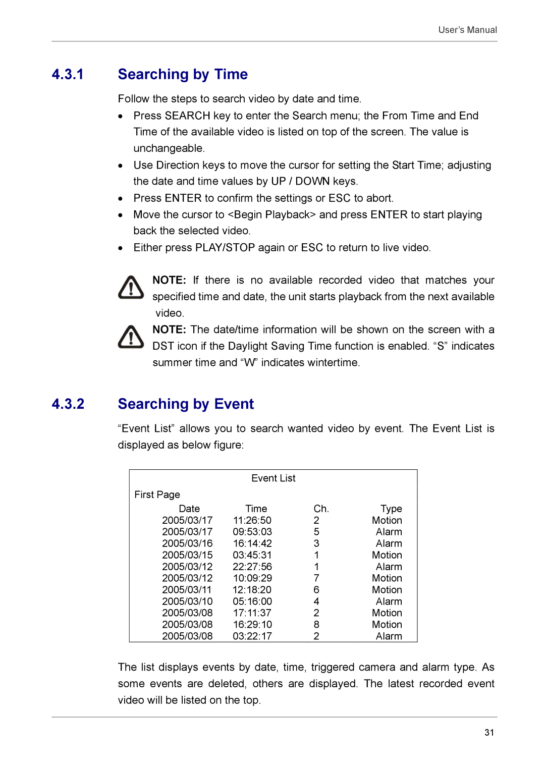 AVE MV DR8X, AVE DR16X, AVE DR8X, MV DR16X user manual Searching by Time, Searching by Event 